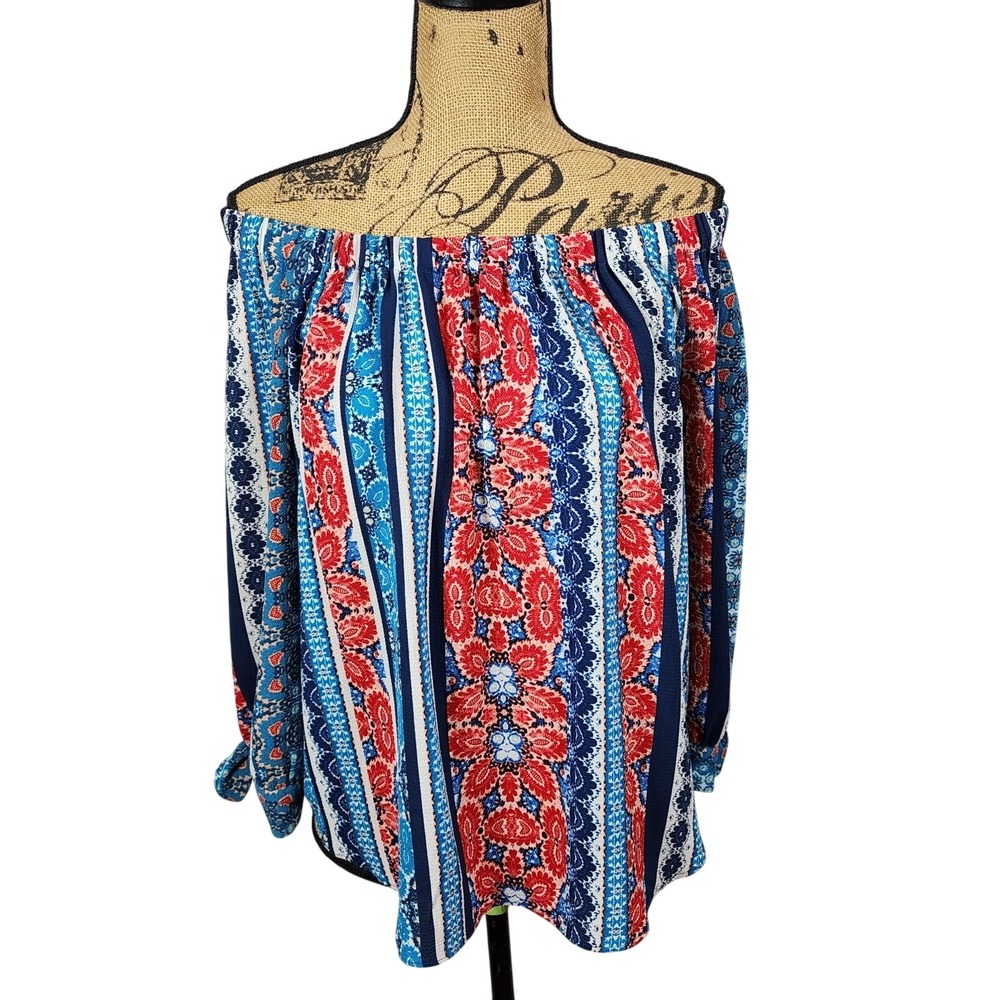 New! STUDIO JPR Size Med Colorful Floral Off Shoulder Crepe Boho Vacation Blouse